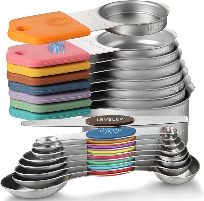Magnetic Measuring Cups and Spoons Set Including 8 Stainless Steel Stackable Magnetic Measuring Cup 8 Magnetic Measuring Spoon with Leveler for Dry Liquid Ingredient by YAMOLIN