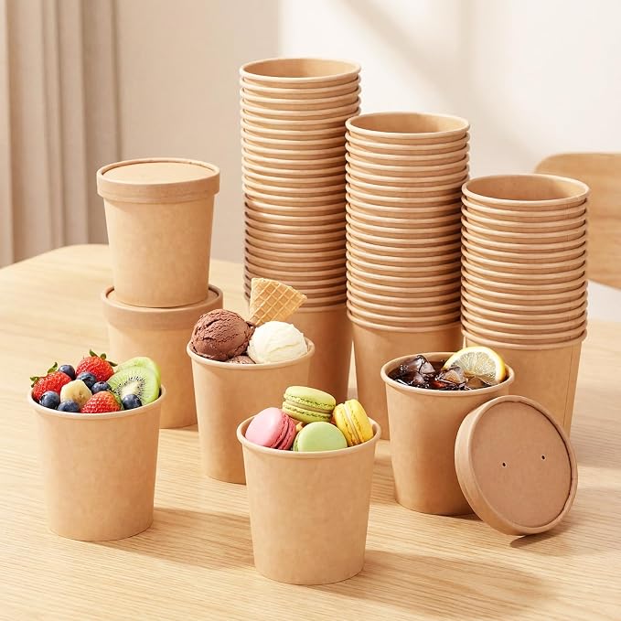 Fulmoon 100 Pack Paper Soup Containers with Lids Disposable Paper Food Containers with Vented Lid Kraft Ice Cream Cake Dessert Cups Soup Bowl for Party Hot Food Fruit Microwave(16 oz,Brown) - Image 4