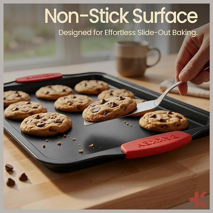 Baking Set – 6 Piece Kitchen Oven Bakeware Set – Deluxe Non-Stick Black Coating Inside and Outside – Carbon Steel – Red Silicone Handles – PFOA PFOS and PTFE Free by Bakken - Image 5