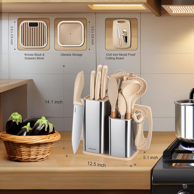 Cooking Utensils Set,18-Piece Kitchen Utensils and Knife Set,Khiki | Food-grade Silicone Utensils Heat-resistant to 410°F,5-Piece Stainless Steel Kitchen Knife with Sharpener and Cutting Board - Image 3