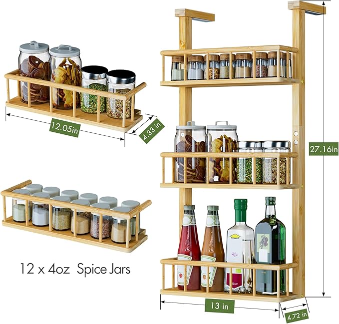 Hanging Spice Rack for Refrigerator - 3 Tier Bamboo Kitchen Counter Shelf Organizer for Can Seasoning Storage, Adhesive to Fridge & Pantry Side - Image 6