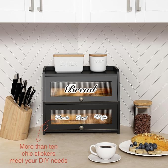 Goozii Large Bread Box for Kitchen Countertop, Black Bread Storage Container for Homemade Bread, Double Layer Farmhouse Breadbox Organizer for Kitchen Counter Cabinet, Pantry, Cupboard (Black) - Image 5