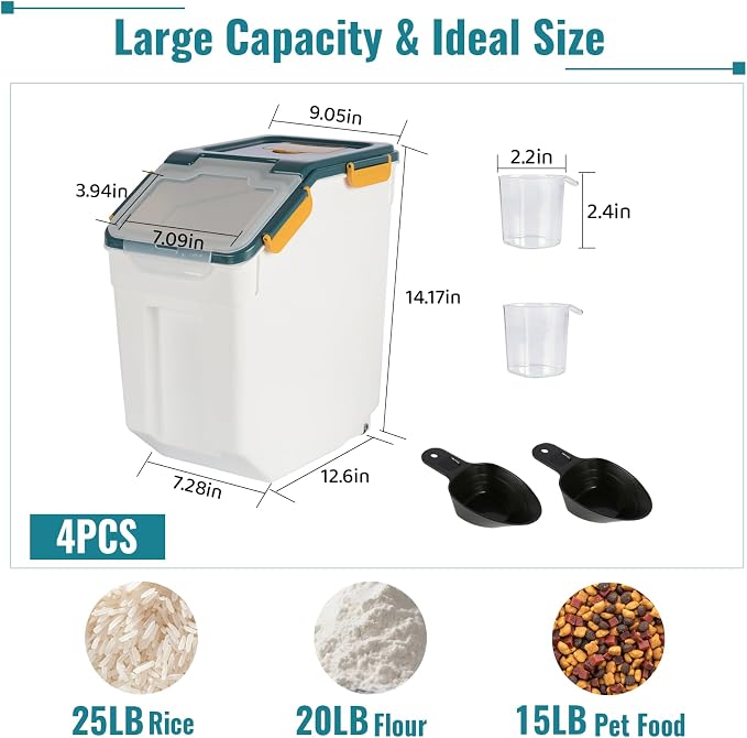 4 Pack Rice Container 25 lbs Large Bulk Flour Sugar Storage Holdhouse Plastic Grain Cereal Dry Goods Bin with Spoon and Measuring Cup for Kitchen Pantry Organization - Blue - Image 2