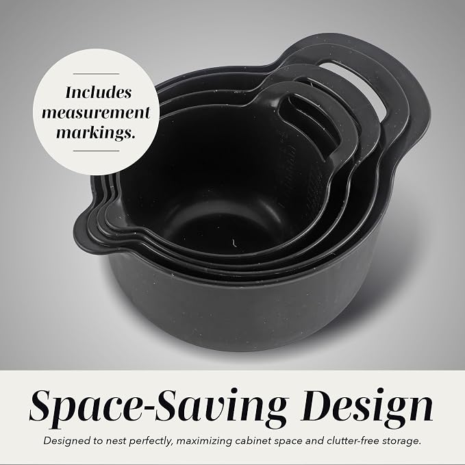 COOK WITH COLOR Nesting Plastic Mixing Bowl Set with Pour Spouts and Handles, Black Speckled, 4 Piece Non-Slip - Image 4