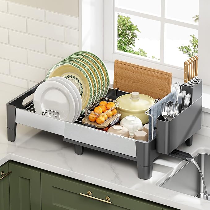 Urackify Expandable Dish Drying Rack, Stainless and Aluminum Frame, Gray | Dish Drainer for Kitchen Counter, Space Saving Kitchen Drying Rack with Movable Utensil Holder, 19.69"L x 13.46"W x 9.06"H by Urackify