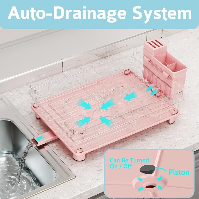 Dish Drying Rack - Space Saving Dish Rack - Dish Racks for Kitchen Counter with Drainboard,Rustproof Dish Drainer with Removable Utensil Holder,Pink - Image 2