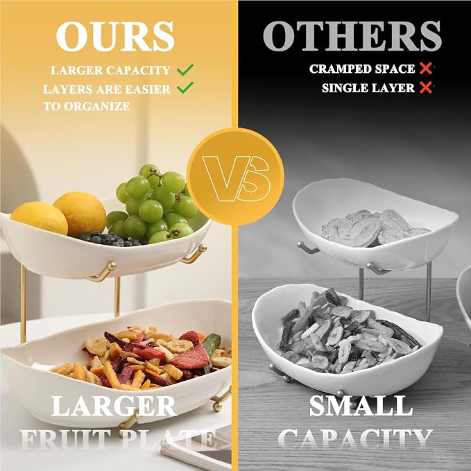 Large Size 2 Tier Ceramic Fruit Bowl,（13.4 and 11 inch Plate）More Storage Space, Golden Metal Stand for Kitchen Counter,Porcelain Fruit Basket for Countertop, Snack, Nuts, Cake, Dessert - White - Image 6