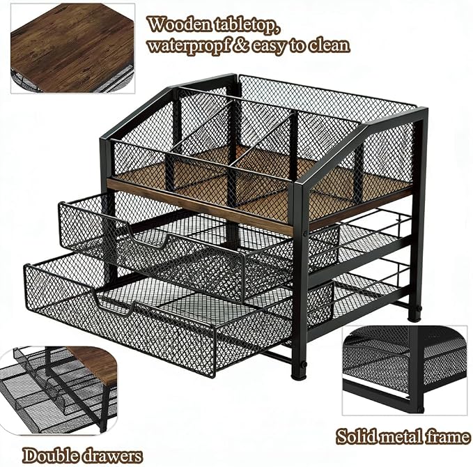 Coffee Bar Organizer - 2-Tier K-Cup & Coffee Pod Holder Stand with Dividers - Storage for Coffee Pods, K Cups, Syrup Bottles, Mugs, Creamer, Stirrers, Sugar Packets, Tea Bags - Image 5
