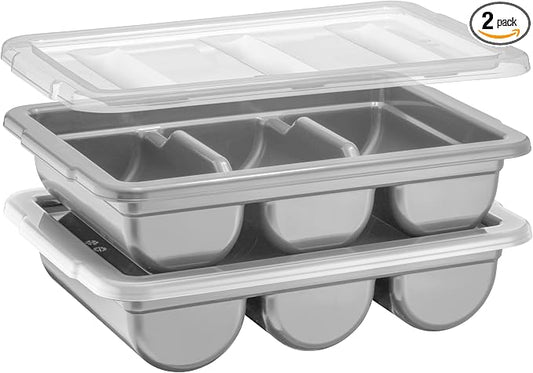 2 Pack - Cutlery Bin with Lid, Commercial 3-Compartment Flatware Tray with Cover, Silverware Divided Storage Plastic Container, Restaurant Condiments Holder, Covered Utensil Organizer Box, Gray by Zilpoo