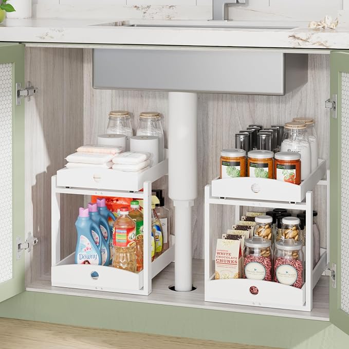2 Pack Bamboo Under Sink Organizer, 2-Tier Sliding Drawers for Cabinets | Pull-out drawers keep cleaners and tall bottles visible, organized and easy to reach in kitchen or bathroom cabinets - Image 4