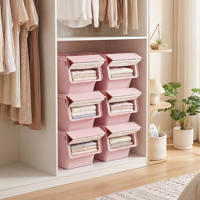 GIANTEX 3 Pack Plastic Stackable Storage Bins with Lids & Wheels, 12.5 QT | Open Front Stacking Bins, Organizer Bins for Pantry, Kitchen, Laundry, Closet, Playroom, Bedroom Organization - Image 3
