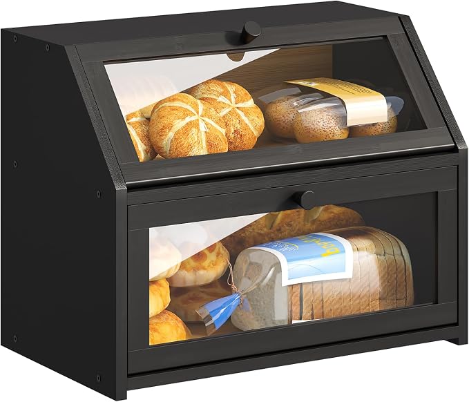 BMOSU Farmhouse Bread Box for Kitchen Countertop Bread box Double Layer Bamboo Wooden Extra Large Capacity Bin Kitchen Food Storage Container(Black) by BMOSU