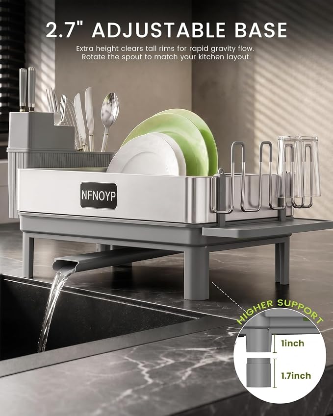 Dish Drying Rack, 304 Stainless Steel Dish Rack and Drainboard Set, Rustproof Dish Drainer with Anti-Pooling Automatic Drainage, Large Capacity Kitchen Counter Organizer, Grey - Image 6