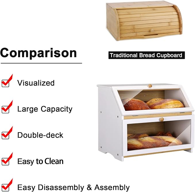 HOMEKOKO Double Layer Wood Bread Box for Kitchen Counter,Keep Fresh, White | Keeps Bread Fresh 3-4 Days, Large Capacity Fits 2+ Loaves, Suitable For Home Kitchen Food Storage Use, See-Through Window - Image 4