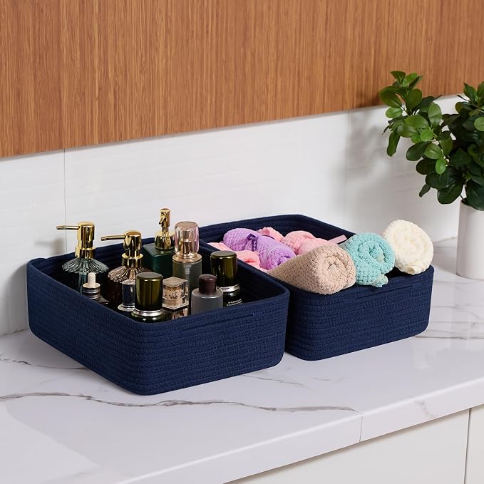 MiniArk Large Shallow Organizing Baskets 15x11x5.1 Inches - Rope Woven Storage Bins for Bathroom, Shelves, Cube Closet, Navy Blue 2 Packs - Image 6