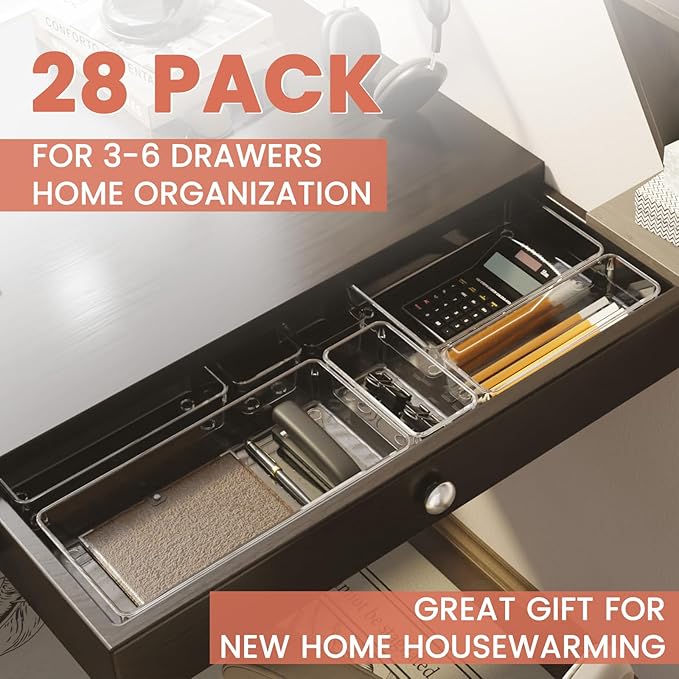 Large Clear Plastic Drawer Organizer 28 Pack - 5 Sizes (XL to small) Acrylic Drawer Organizer Trays for Kitchen Utensils, Gadgets, Bathroom, Vanity and Makeup, Office - Everything Can Be Organized! - Image 6