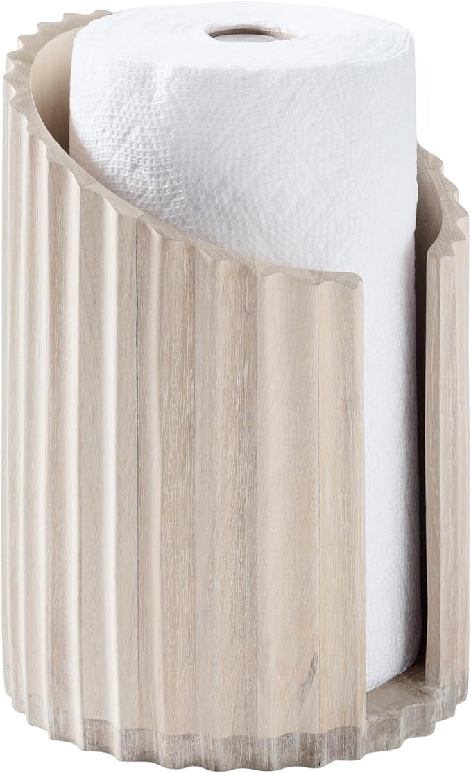Anji Mountain Wooden Paper Towel Holder with Metal Holder, Holder Stand for Kitchen Roll Organizer & Kitchen Dining Table Home Décor, Countertop Fits Jumbo & Mega Rolls - Whitewash/Nickel, Fluted - Image 2
