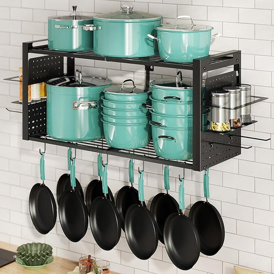 31" Wall Mounted 2-Tier Pot Rack, Kitchen Cookware Spice Utensil Organizer | With 20 hooks, pan organizer and spice rack. Solid frame neatly holds cookware, stock pots, pans and kitchen utensils. by FREEXPLOYER