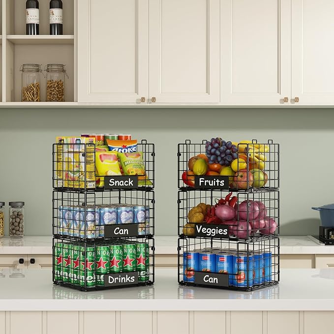 3 Pack XL Stackable Wire Baskets with Handle, Pantry Organizers and Storage | Snack Organizer & Vegetable Basket & Metal Pantry Bin & Fruit Basket for Kitchen Counter - Image 3