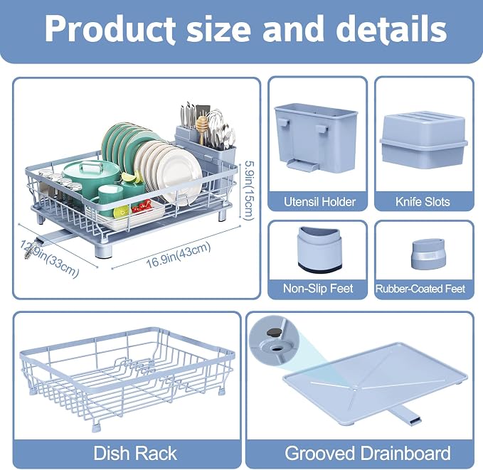Dish Drying Rack - Space Saving Dish Rack - Dish Racks for Kitchen Counter with Drainboard,Rustproof Dish Drainer with Removable Utensil Holder,Blue - Image 6