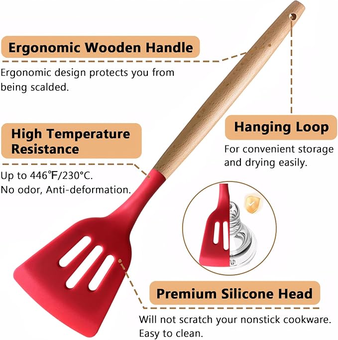 Silicone Cooking Utensils Set 5Pcs Non-Stick Silicone Kitchen Utensils for Cooking, Heat Resistant Kitchen Gadgets Spatula Spoon Turner Set with Wooden Handles for Non-Stick Cookware BPA Free - Image 2