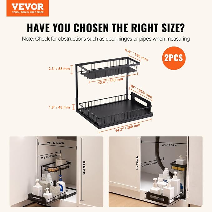 VEVOR 2 Tier Pull Out Cabinet Organizer(10.7"W x 14.2"D), Under Sink Organizer and Storage, Slide Out Drawer Cabinet Organizer, Wire Basket Sliding Storage, 12.5"Wx15.5"Dx13"H Install Size for Cabinet | Kitchen Slide Out Drawer Wire Basket Sliding Stor... - Image 2