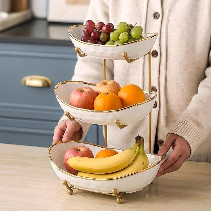YYW 3 Tier Fruit Bowl for Kitchen Counter, White Ceramic Fruit Basket for Countertop, Home Fruit Stand with Metal Holder, Vegetable Bowl Snacks Nuts Bread Candy Storage (Gold 3-layer) - Image 6