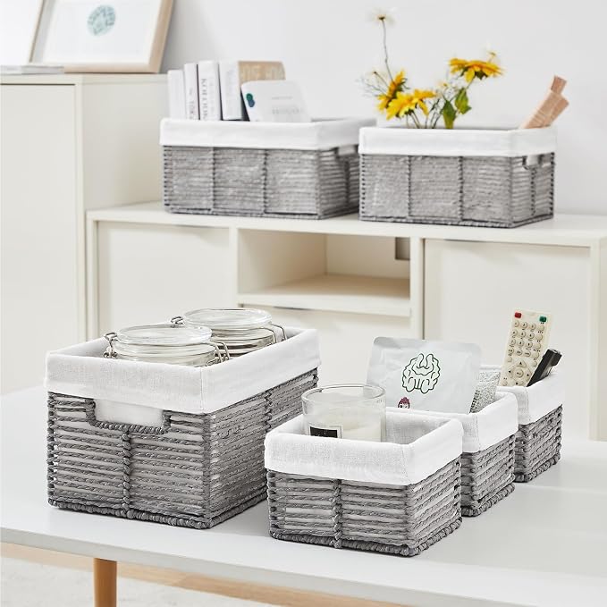 Wicker Storage Basket, 6 Pack Baskets for Organizing, Wicker Baskets with Handle, Rectangular Wicke Basket for Storage Shelves, Cube Storage Bins for Closet/Clothes/Dresser, Grey - Image 7