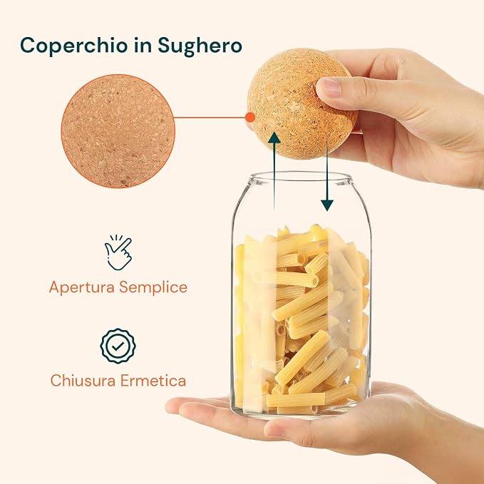 Glass Containers with Cork Lids Set of 3 500/800/1000 ml for Pasta, Coffee and Spices, Daily Use in the Kitchen, Elegant Design and Natural Airtight Closure - Image 3