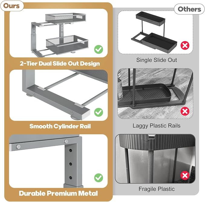 1 Pack 17IN Depth Under Sink Organizer, 2-Tier Pull Out Cabinet Organizer With Smooth Circular Rail, Large Capacity Metal Mesh Sliding Drawers For Bathroom& Kitchen Storage,Height Adjustable-Gun Gray - Image 9