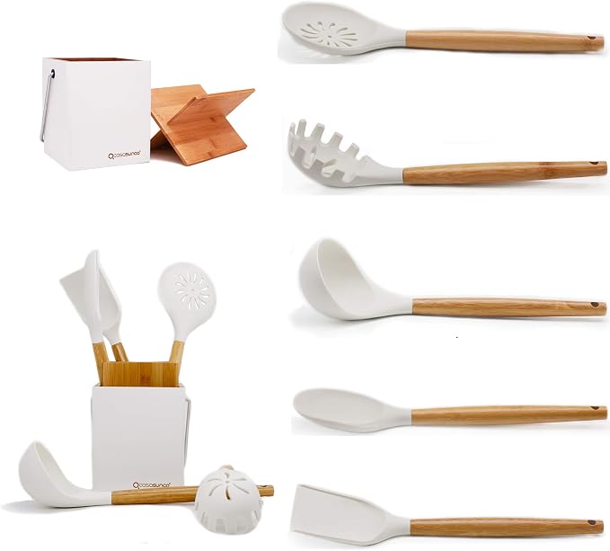 White Kitchen Utensils Set with Holder Silicone Cooking Utensils, Non-stick Durable Silicone & Beech Wood, Professional Heat-Resistant Set of 5 (Creamy White) by CASASUNCO