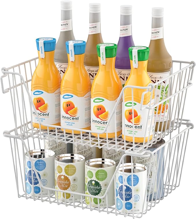 Slideep 14'' Large Stackable Storage Baskets Cabinet Organizer Sturdy Metal Wire Pantry Freezer Bin for Pantry Home Bathroom Kitchen Organization White - 2 Pack - Image 3