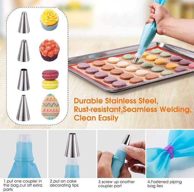 Macaron silicone baking mats - Macaroon Baking suppliers 1 Quarter Sheet + 2 Half Sheet Macaron Baking Mat,Macaron Baking Sheet,2 Piping Pastry Bag with Bag Tie,6 Piping Tips - Image 5