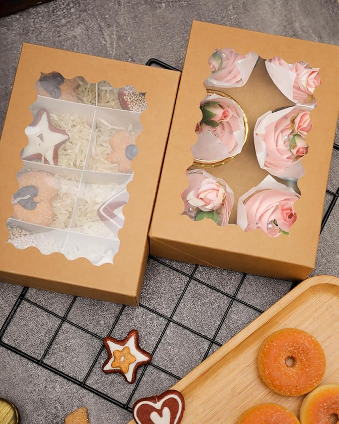 qiqee Auto-pop Up Cupcake Boxes with Window Brown 100PCS 6 Count Cupcake Box 9.4"x6.1"x3" Cupcakes Carrier, 6 Cupcake Containers - Image 5