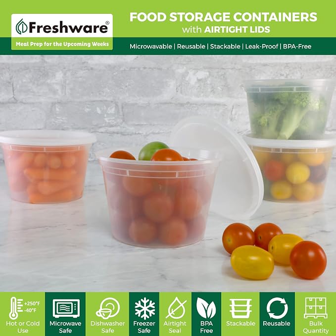 Freshware [240 Pack] 16 oz Food Storage Containers with Lids, Plastic Containers, Freezer Safe | Meal Prep | Stackable | Leakproof | BPA Free, Clear - Image 2