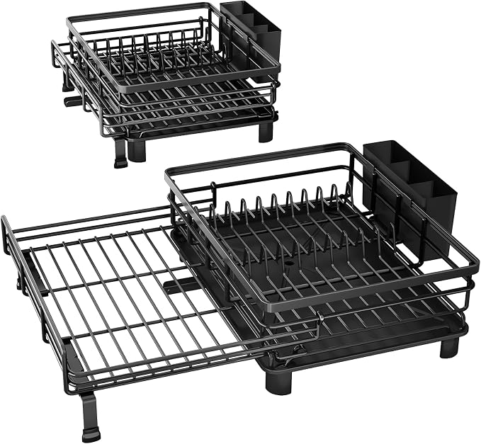 Expandable Dish Drying Rack for Kitchen Counter, Stainless Steel, Black | Foldable Over Sink, Large Capacity, Adjust to Fit Most Sinks, Angled Drainboard, Removable Utensil Holder, Slip Resistant - Image 9