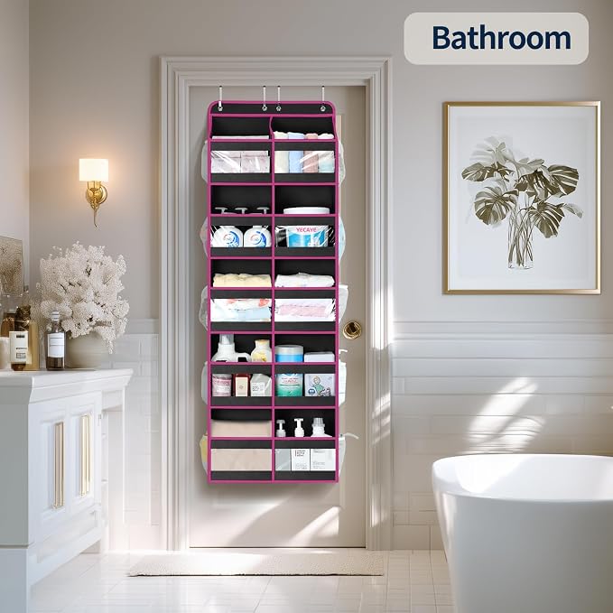 Yecaye 5-Tier Over The Door Organizer Dual-Column, 80lbs Load Over The Door Storage of 10 Compartments, Heavy Duty Door Organizer Hanging for Bedroom Closet Dorm Bathroom Pantry, Black and Pink 1 Pack - Image 7
