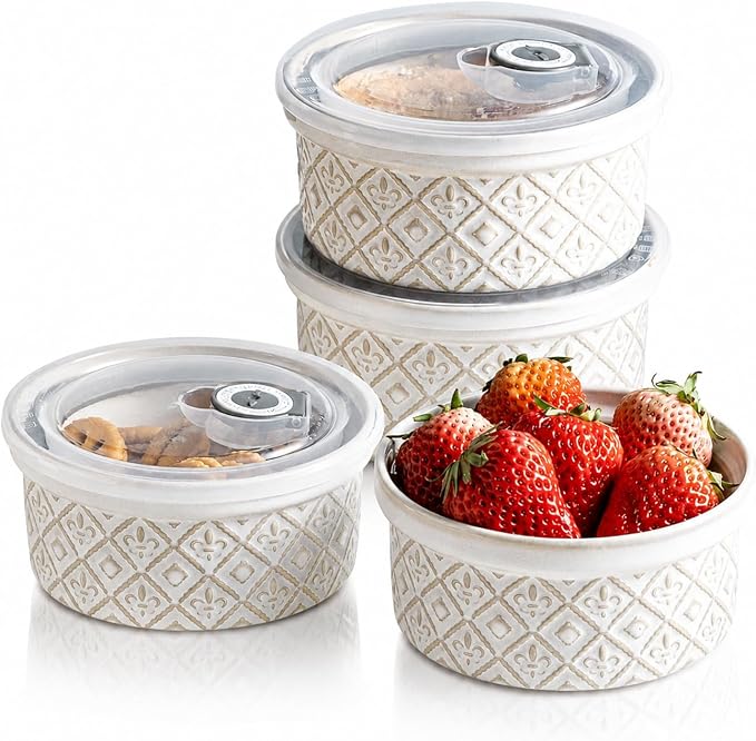 28 Oz Cereal Bowls Set with Lids, Ceramic Salad Bowls for Kitchen, Preparing, Camping, Office Lunch, 6 Inch Kitchen Food Storage Containers with Airtight Lids set of 4, Housewarming Present, Beige by MISSYSSIM