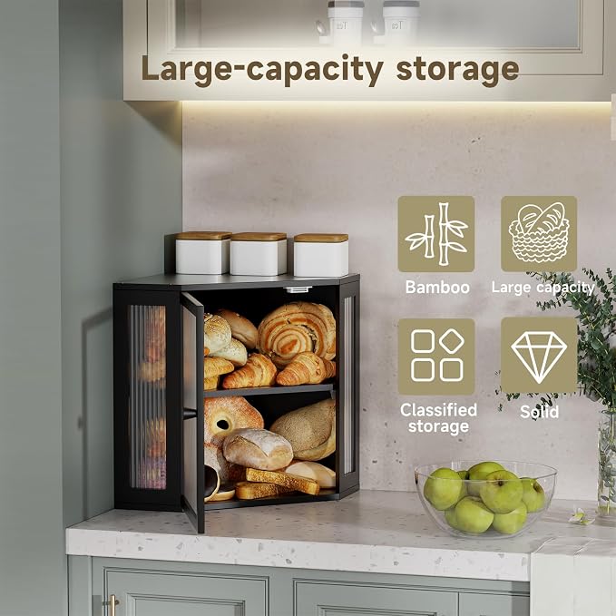 Corner Bread Box for Kitchen Countertop,Bread Storage Bin (Black, Medium) | Double Layer Large Capacity Bamboo Bread Container with Acrylic Door,Height Adjustable - Image 6