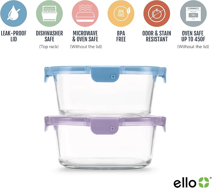 Ello Color Lock 7 Cup Glass Meal Prep Containers & Lids, 2 Pack, Slate/Wisteria - Image 3