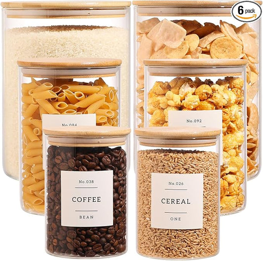 6-Pack Borosilicate Glass Storage Jars with Bamboo Lids + 132 Pre-Printed Pantry Labels Included, BPA-Free Thicken Airtight Containers for Flour, Sugar, Rice, Microwave & Freezer Safe(100OZ/54OZ/27OZ) by HHMJSM