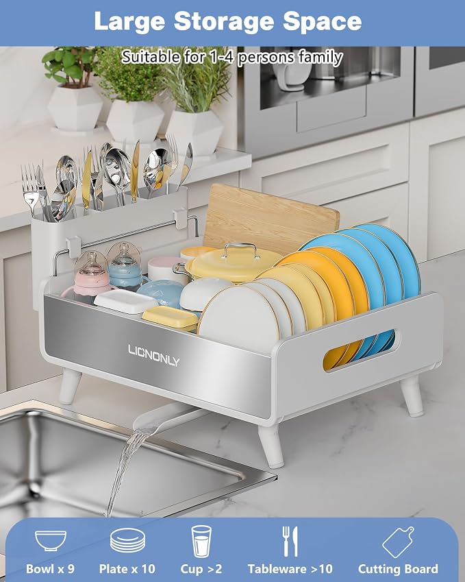 Dish Drying Rack, Thicker Premium Aluminum Frame and 304 Stainless Steel Plate Rack for Kitchen Counter, Automatic Drainage Spout, Dish Drainer & Drainboard Set with Utensil Holder, White - Image 6