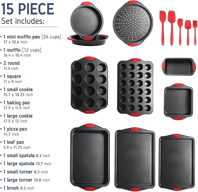Baking Pan Set, 15 Piece Premium Nonstick Bakeware Sets BPA Free, Cookie Sheets Nonstick Steel Baking Sheets for Oven with Muffin Pan, Cake Pan & Kitchen Utensils - Black - Image 2