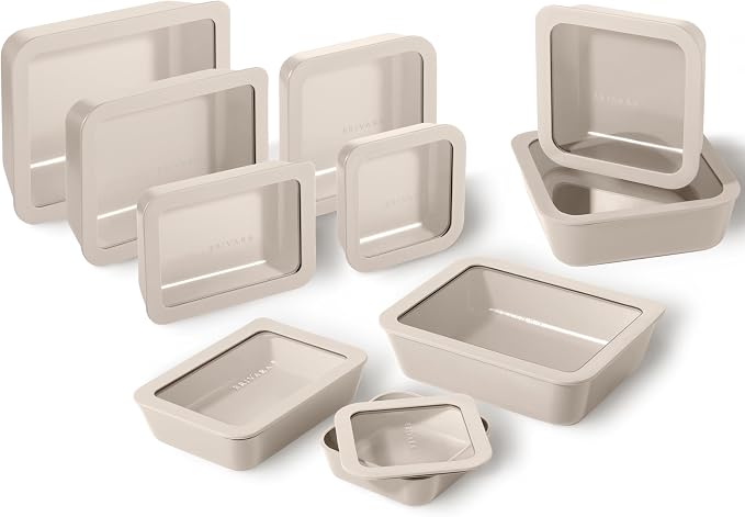 20-Piece Glass Food Storage Containers Set with Lids (10 Containers + 10 Lids) | Microwave-Safe Airtight Seal, Oven-Safe Ceramic-Coated Glass | Zero Plastic, No PFAS/PFOA/BPA [Crema] by BrivaraHome