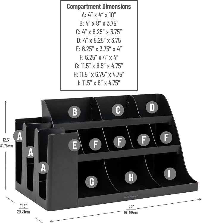 Mind Reader Large Cup and Condiment Station, 14-Compartment Countertop Coffee Organizer for Cups, Lids, Condiments and Supplies, Black - Image 3