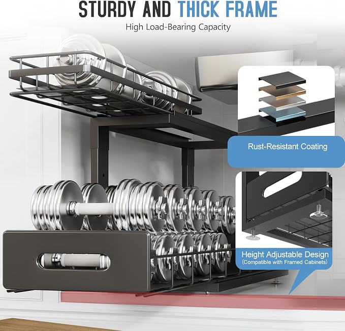 Under Sink Organizer Upgrade To Professional Rails,2-Tier Dual Pull Out Cabinet Storage,Height Adjustable Slide Out Drawers For Bathroom Kitchen,2 Pack-18.5"Dx12.8"-16.9"H,Black - Image 4