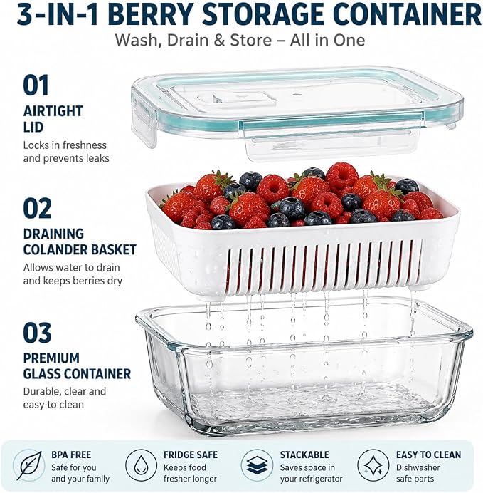 Glass Berry Container for Fridge, 3 Pack, 56oz 35oz 25oz, with Removable Colander and Vent Valve, Fresh Produce Storage Set - Image 3