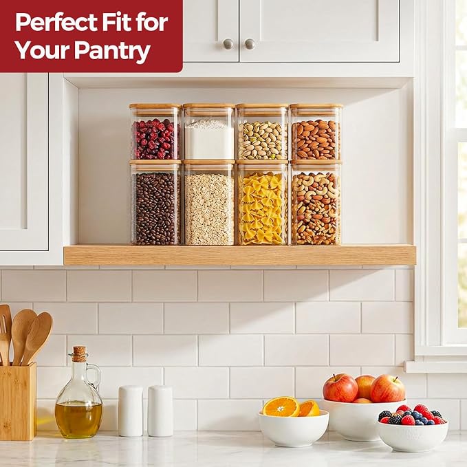Glass Pantry Storage Containers with Lids 1/1.6 Qt 6 Pack Square | Pantry Organization, Stackable Design, Flour Sugar Coffee Beans Pasta Cereal Dry Food Storage,Kitchen Cabinet Organizer - Image 5