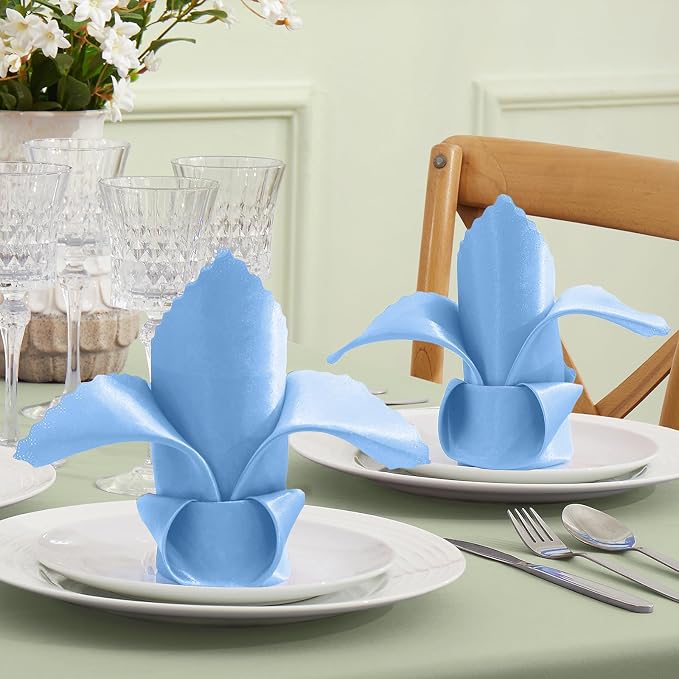 VACVELT 100 Pack Light Blue Scalloped Satin Napkins 17x17 Inch Wedding | Scalloped Floral Edges With Silky Smooth Finish, Seamless Design, Machine Washable Wrinkle And Fade Resistant - Image 2