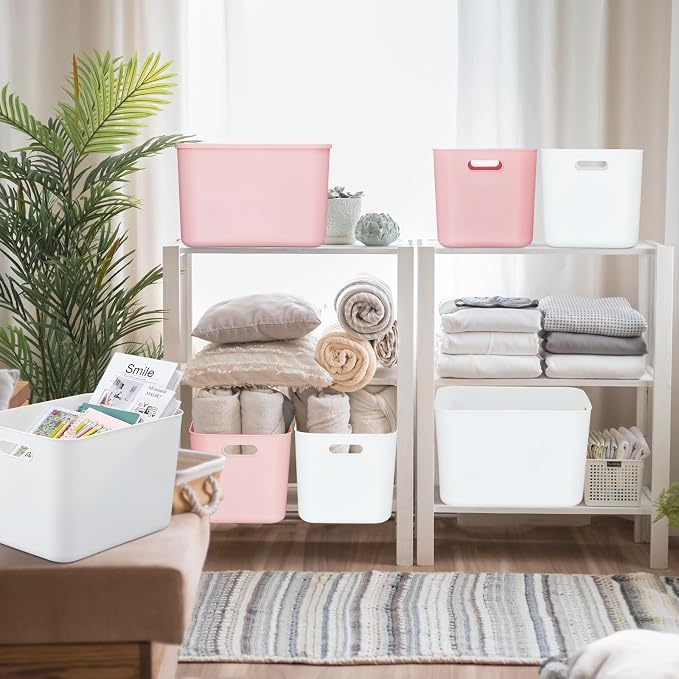 8 Pieces Colorful Storage Bins with Lid, Plastic Storage Basket Organizing Container Stackable Box with Handle for Shelves Desktop Playroom Office(14.2 x 10.2 x 9.5 Inch,White and Pink) - Image 5